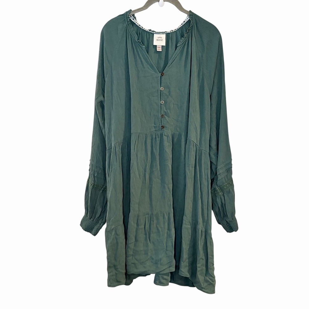 Knox Rose Green Gauzy Tiered Dress Lace Elastic Pockets Boho Cottagecore XXL
